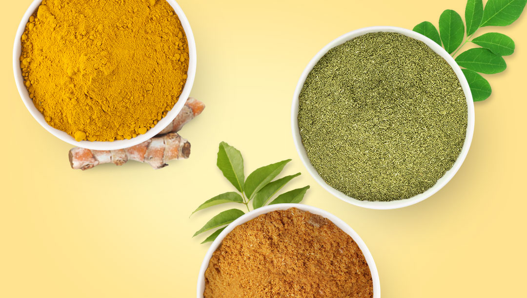 Natural Herbal Ingredients: Tumeric, Moringa and Curry Leaves